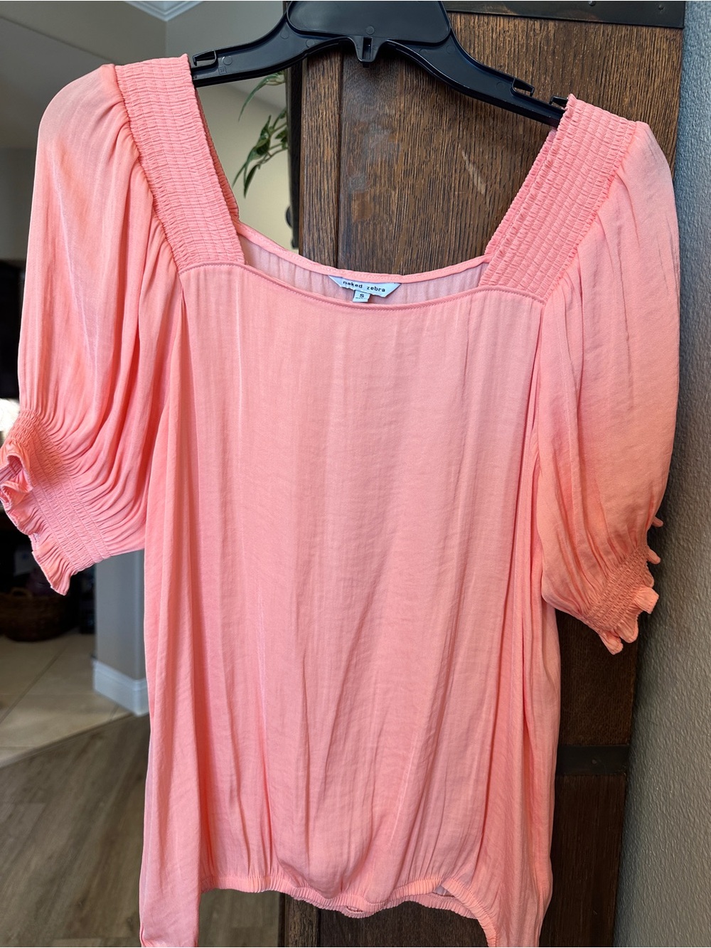 Naked Zebra Peach Square-Neck Blouse with Smocked Shoulders